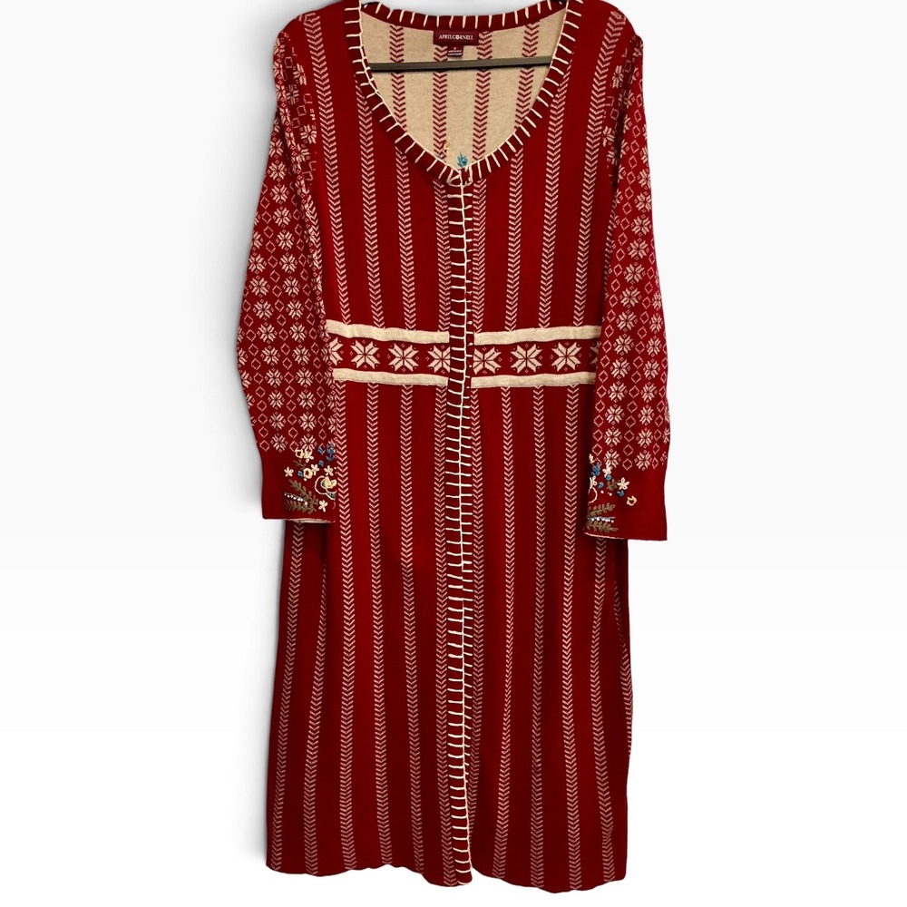 April Cornell Vintage 90s Red Fair Isle Embroidered Cotton Duster Cardigan S